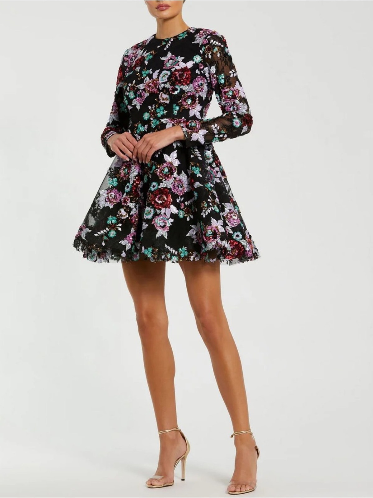 Mac Duggal Black Long Sleeve Sequin Dress Cocktail A Line Mini 68783 Size 6